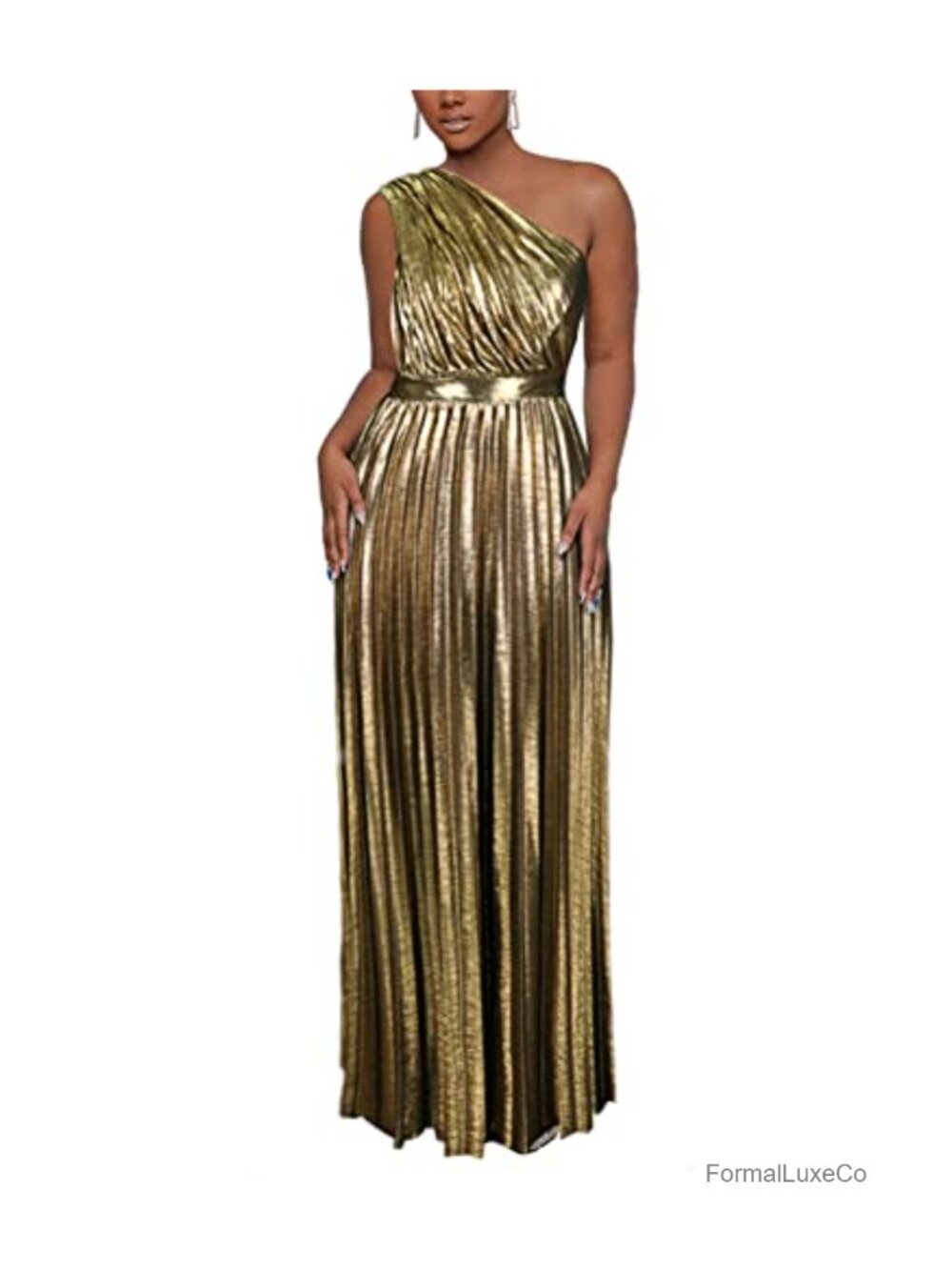 Sleeveless One Shoulder Pleated Maxi Dress Formal Evening Gown